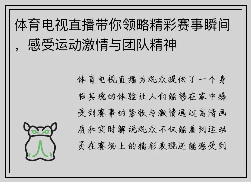 体育电视直播带你领略精彩赛事瞬间，感受运动激情与团队精神