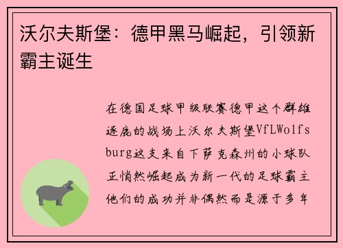 沃尔夫斯堡：德甲黑马崛起，引领新霸主诞生
