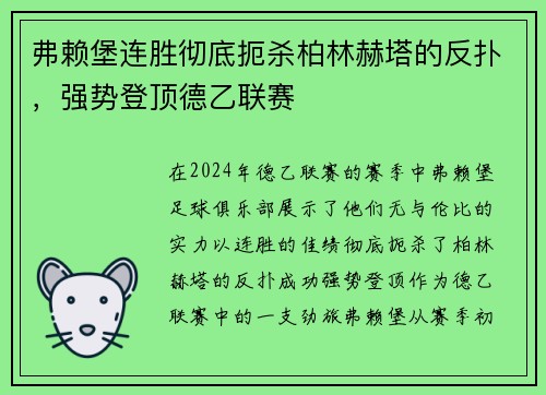 弗赖堡连胜彻底扼杀柏林赫塔的反扑，强势登顶德乙联赛